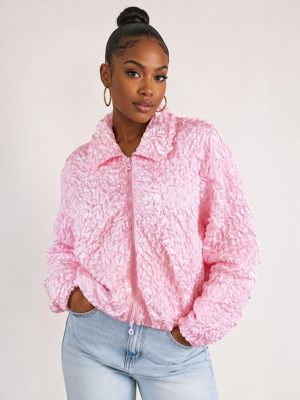 80s VTG Joseph Ribkoff Pink Crinkle Popcorn Texture Zip Jacket Size 10